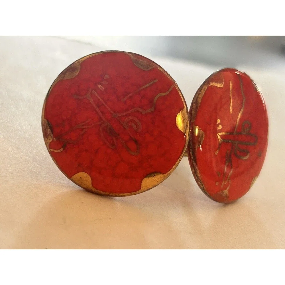 Vintage Southwestern Red Enamel Cactus Desert Cufflinks Mid Century